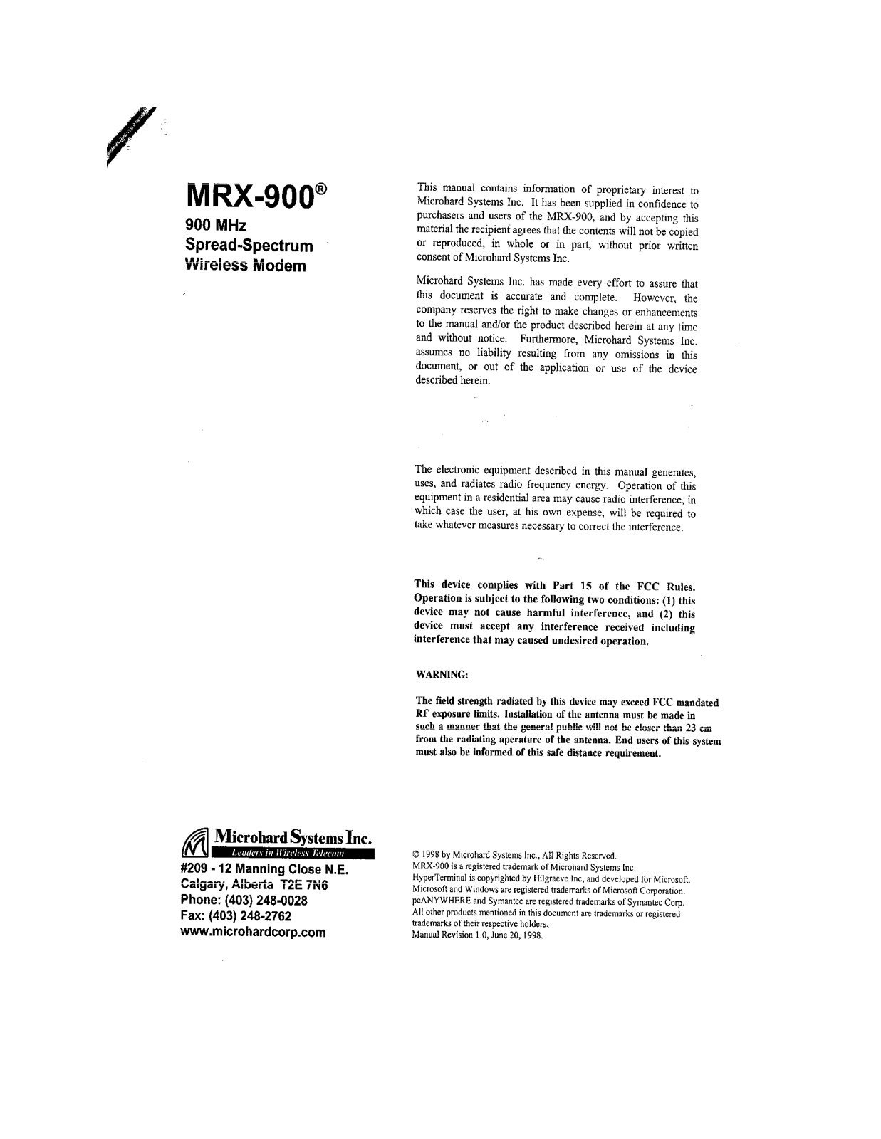 Microhard Systems 98P001X01 User Manual