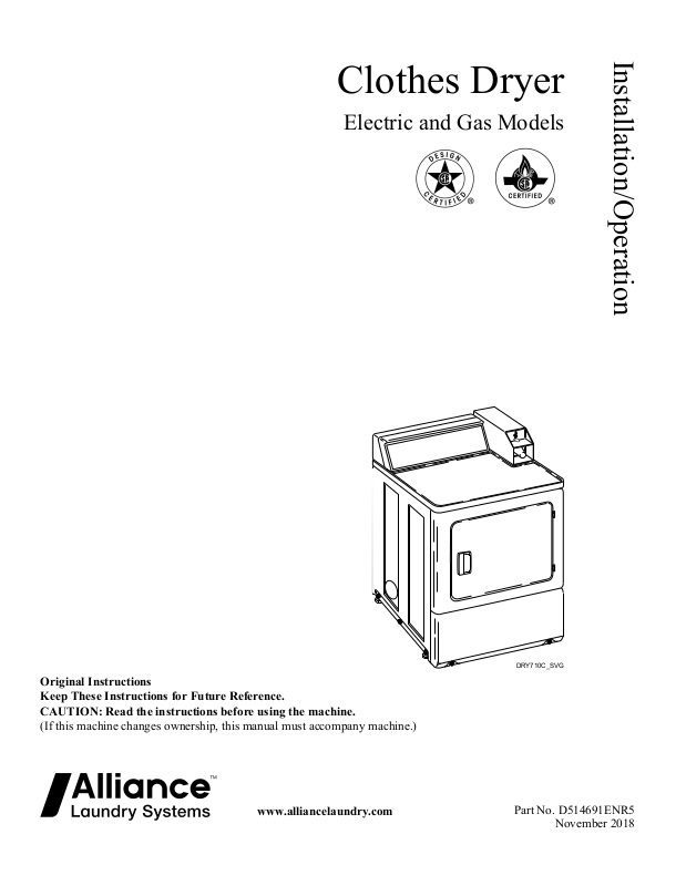 Speed Queen SDENCRGS173TW01 Installation Manual