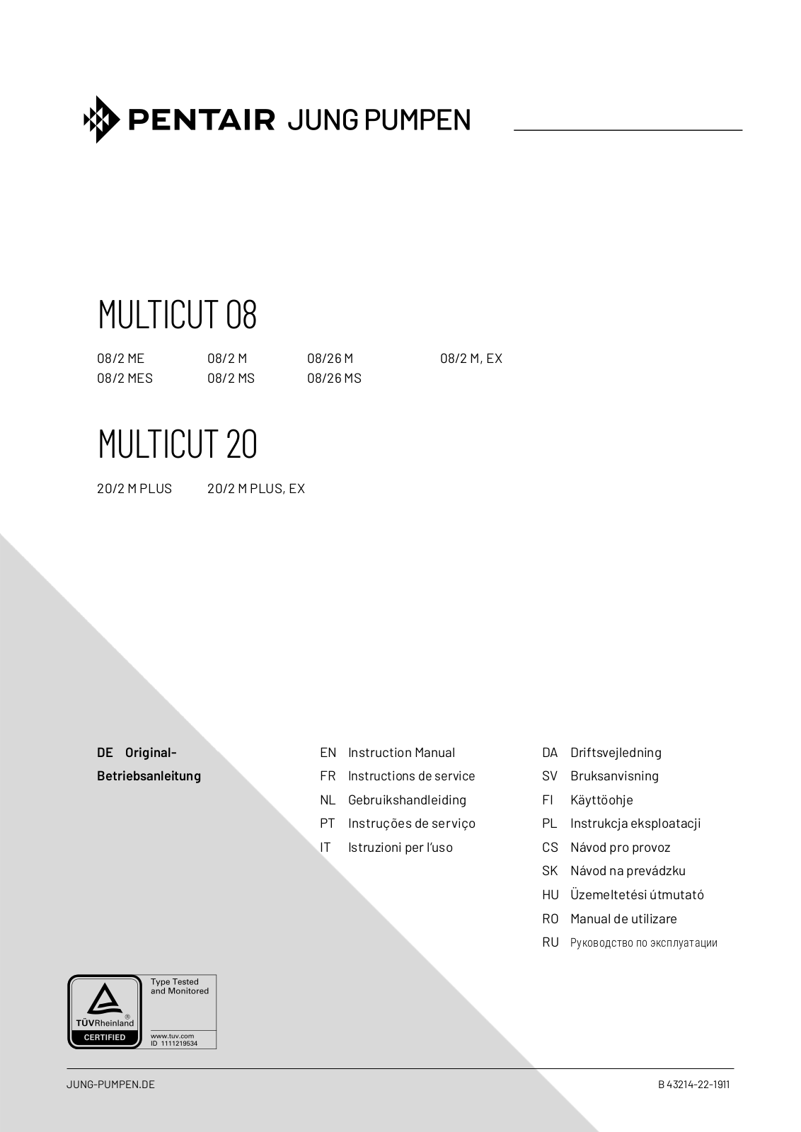 Pentair MULTICUT 20 Series, MULTICUT 08/2 EX, MULTICUT 08/2 MES, MULTICUT 08/2 MS, MULTICUT 08/2 ME Instruction Manual