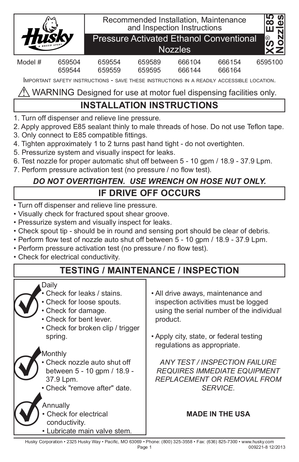 Husky XS E85 Owner's Manual