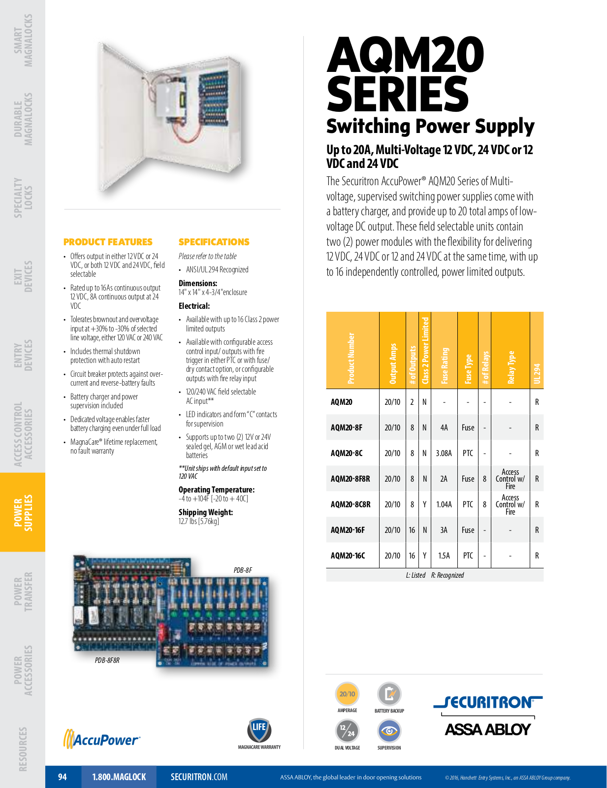 Securitron AQM20-16C, AQM20-16F, AQM20-8C, AQM20-8C8R, AQM20-8F User Manual