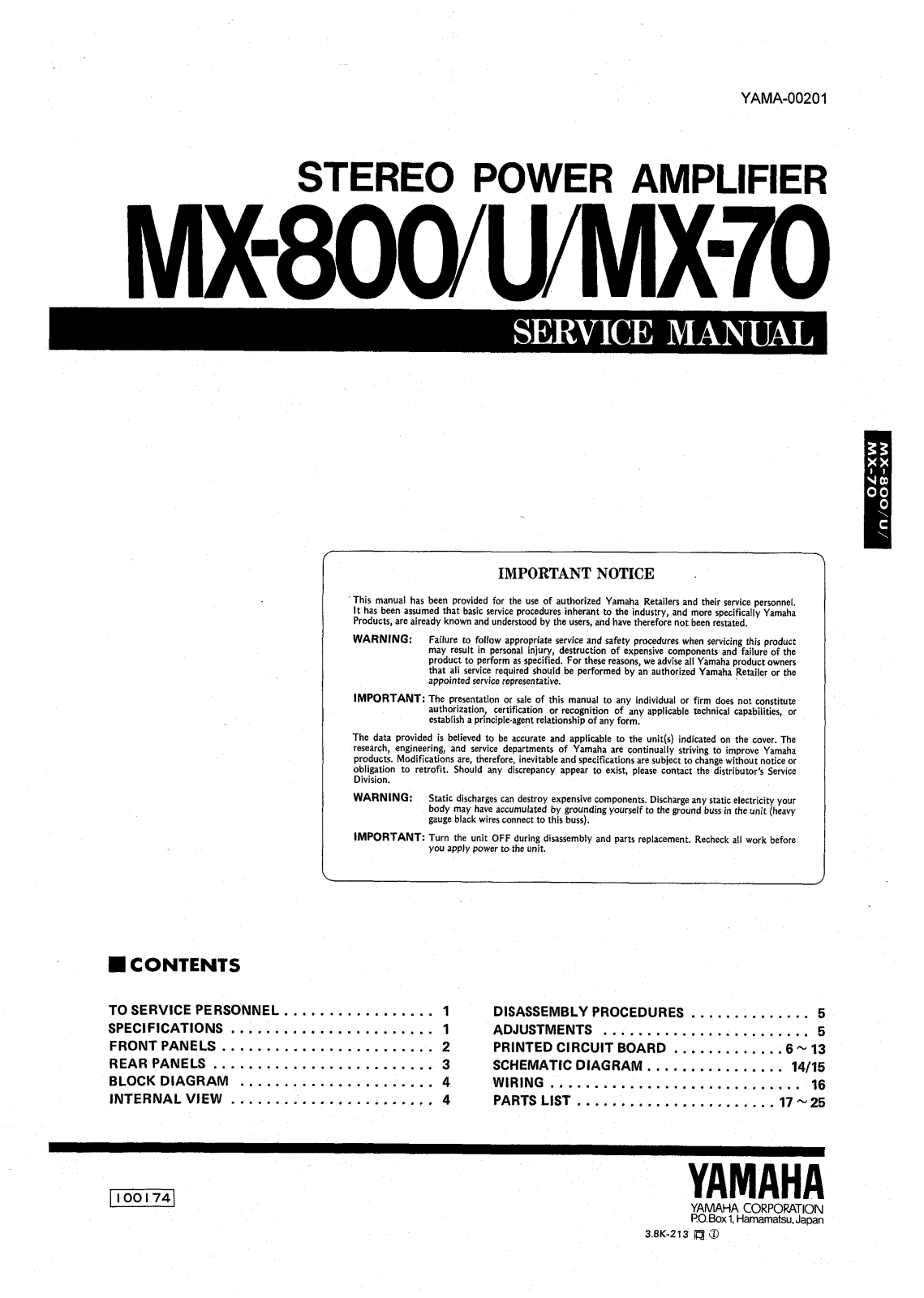 Yamaha MXU, MX-800, MX-70 Service Manual