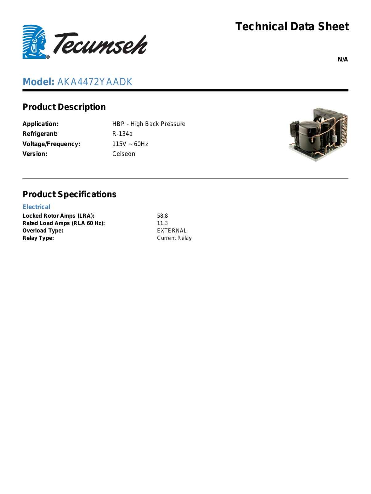 Tecumseh AKA4472YAADK Technical Data Sheet