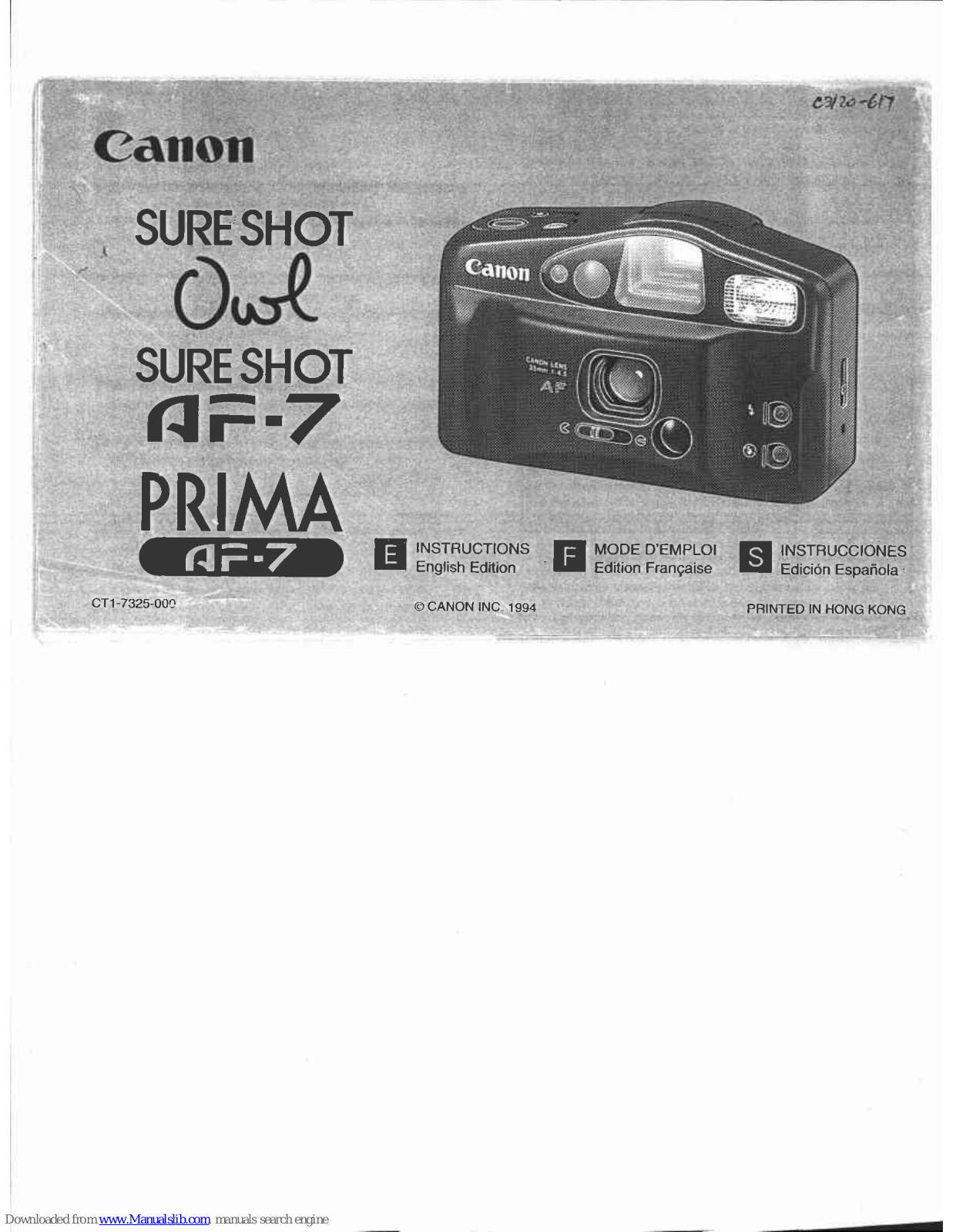 Canon Sure shot AF-7, Sure Shot Owl, Prima AF-7 Instructions Manual