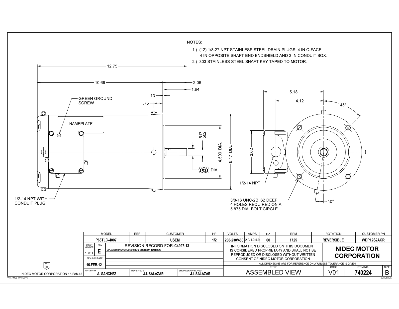 US Motors WDP12S2ACR Dimensional Sheet