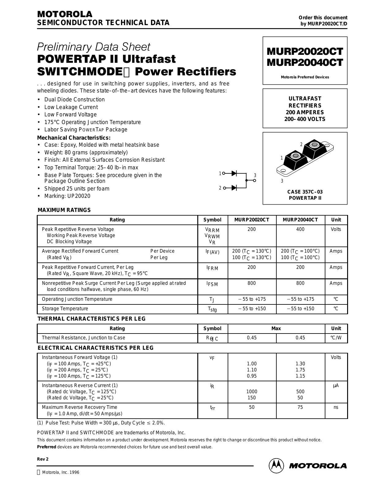 Motorola MURP20020CT Datasheet