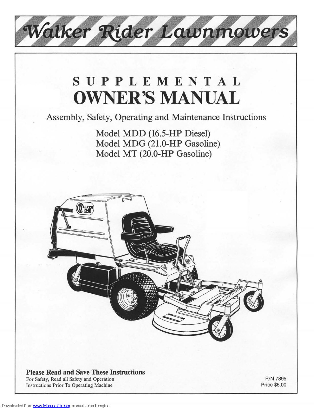 Walker Rider Lawnmowers MDD, MDG, MT Owner's Manual