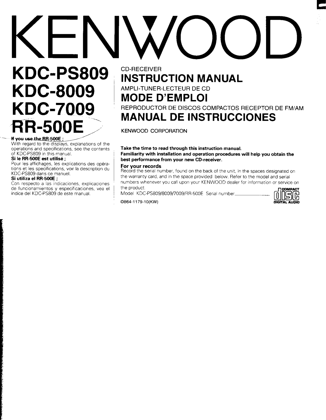 Kenwood RR-500E, KDC-PS809, KDC-8009, KDC-7009 User Manual