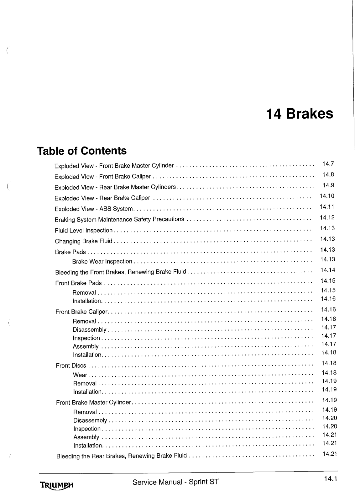 TRIUMPH Sprint St Service Repair Manual 14.1 14.76 Brakes