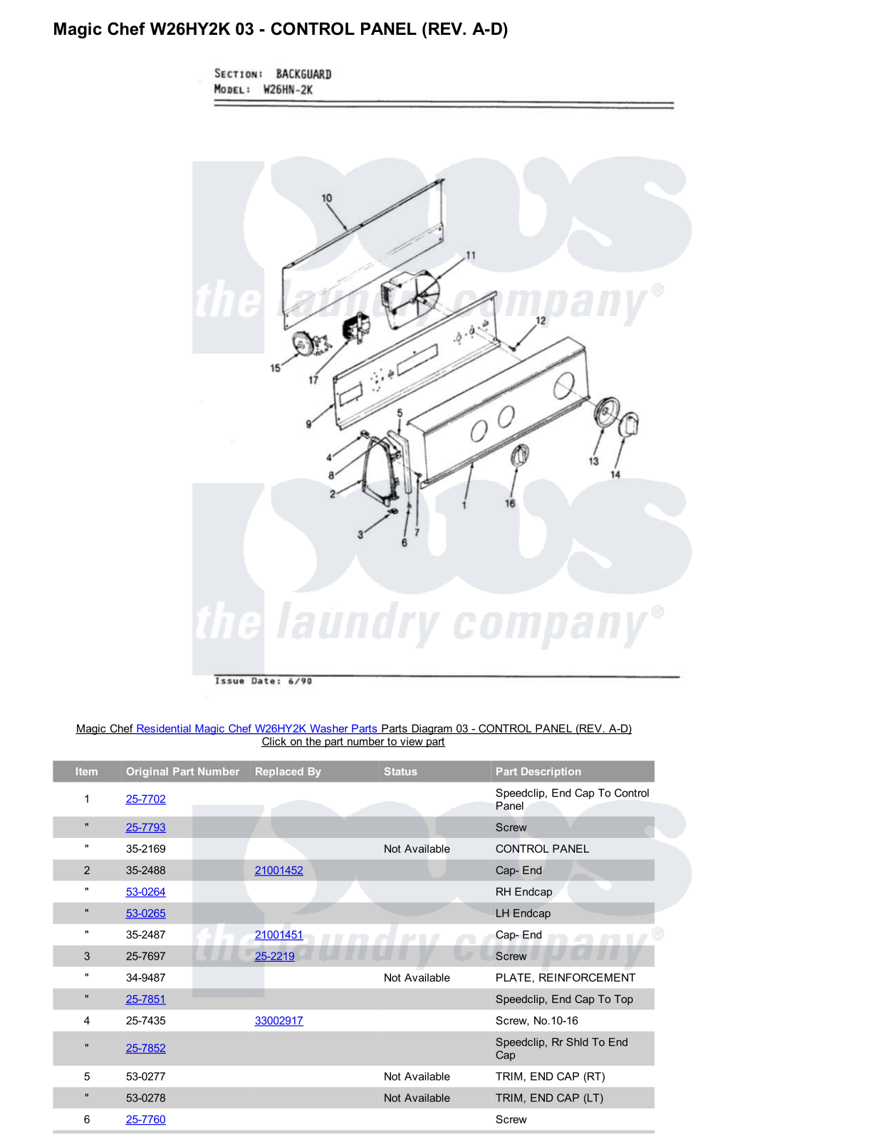 Magic Chef W26HY2K Parts Diagram