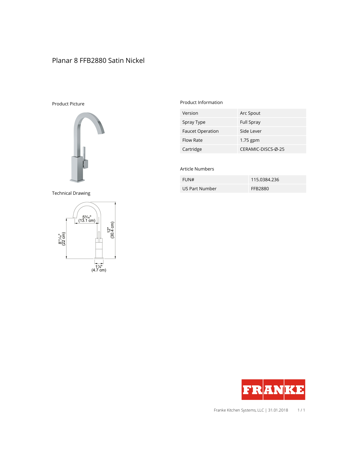 Franke FFB2880 Specs