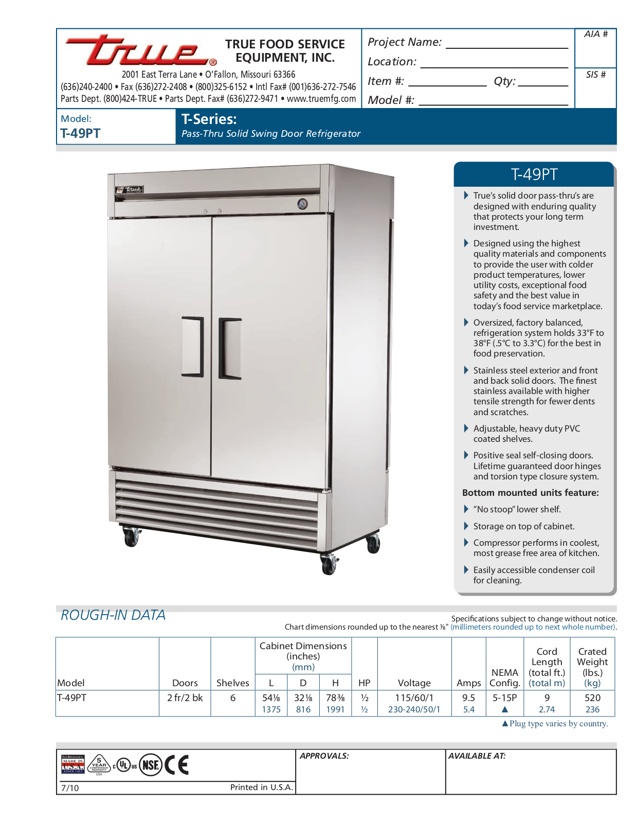 True T-49PT Specifications