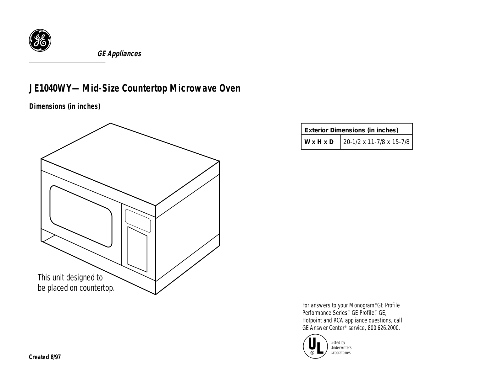 GE JE1040WY Specification