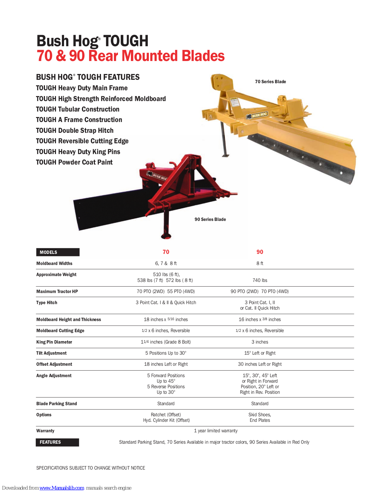 Bush Hog TOUGH 70, TOUGH 90 Specifications