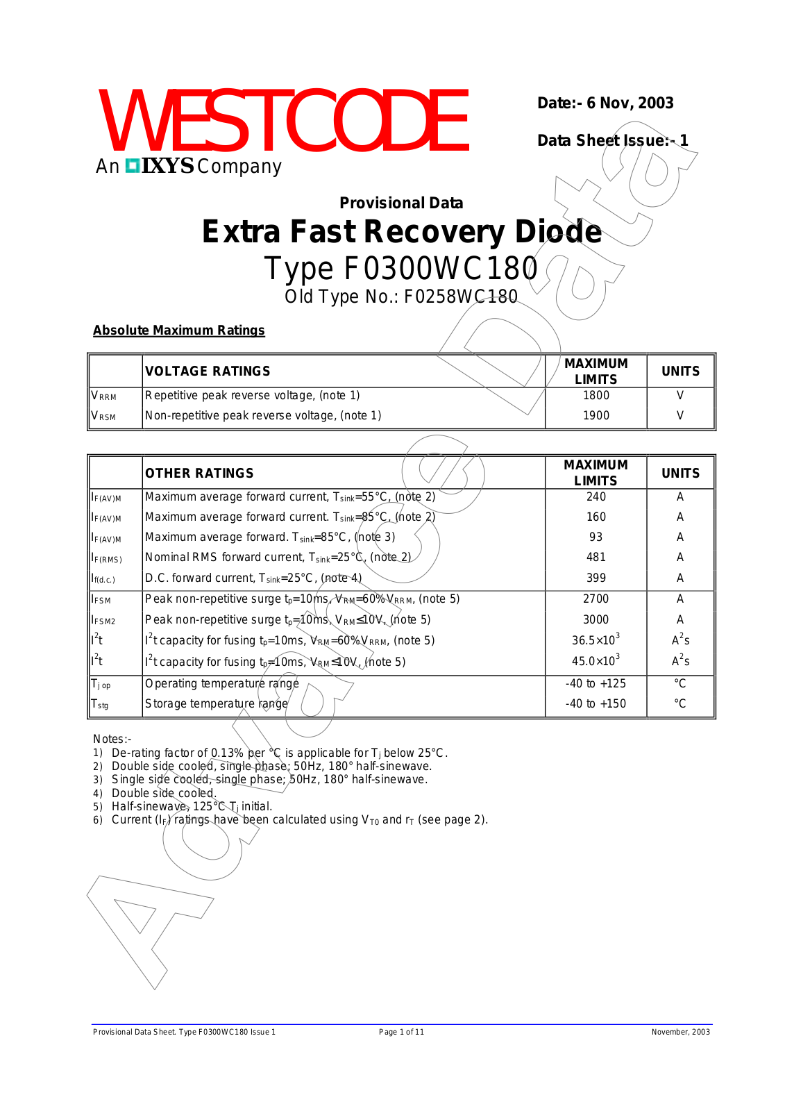 Westcode Semiconductors F0300WC180 Data Sheet