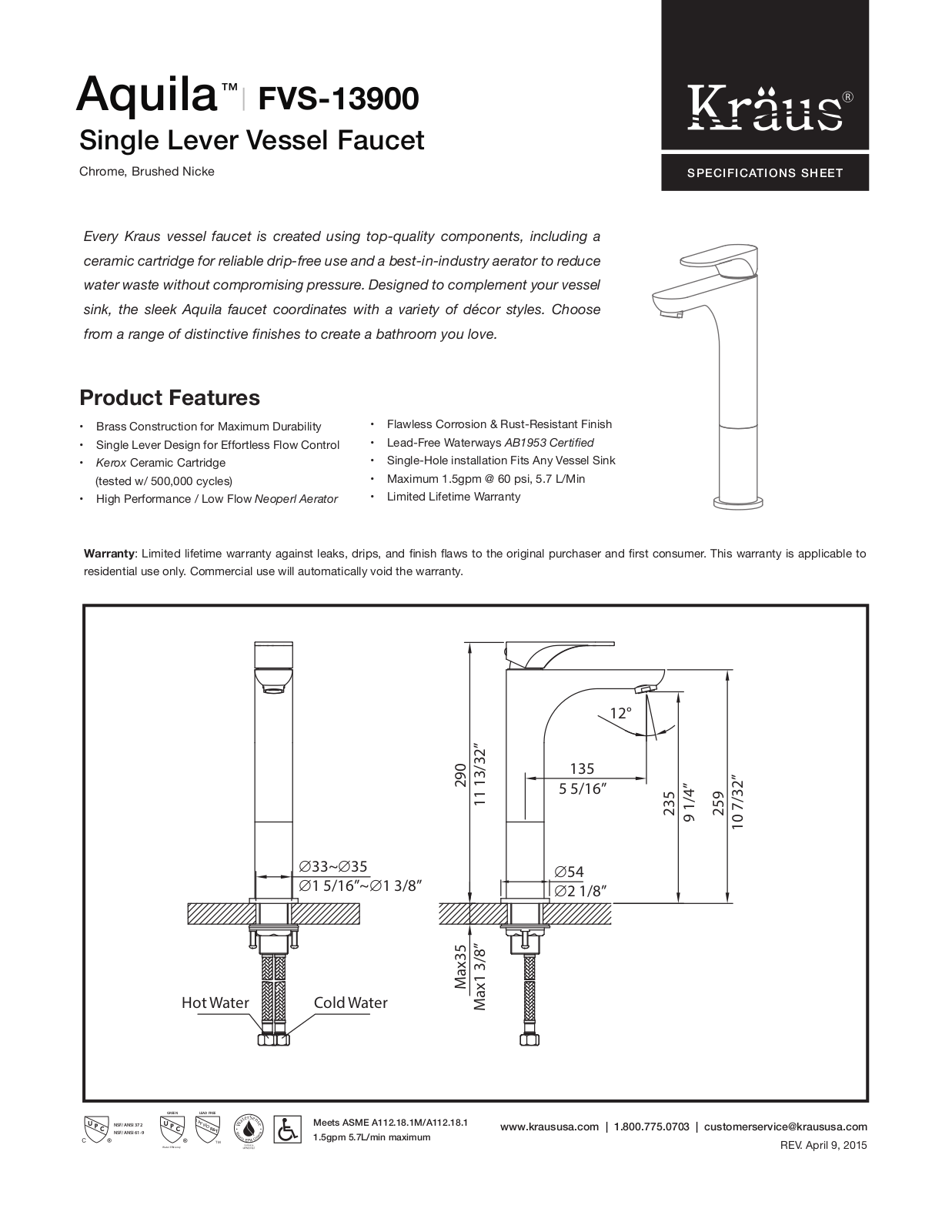 Kraus FVS13900PU10CH Specs