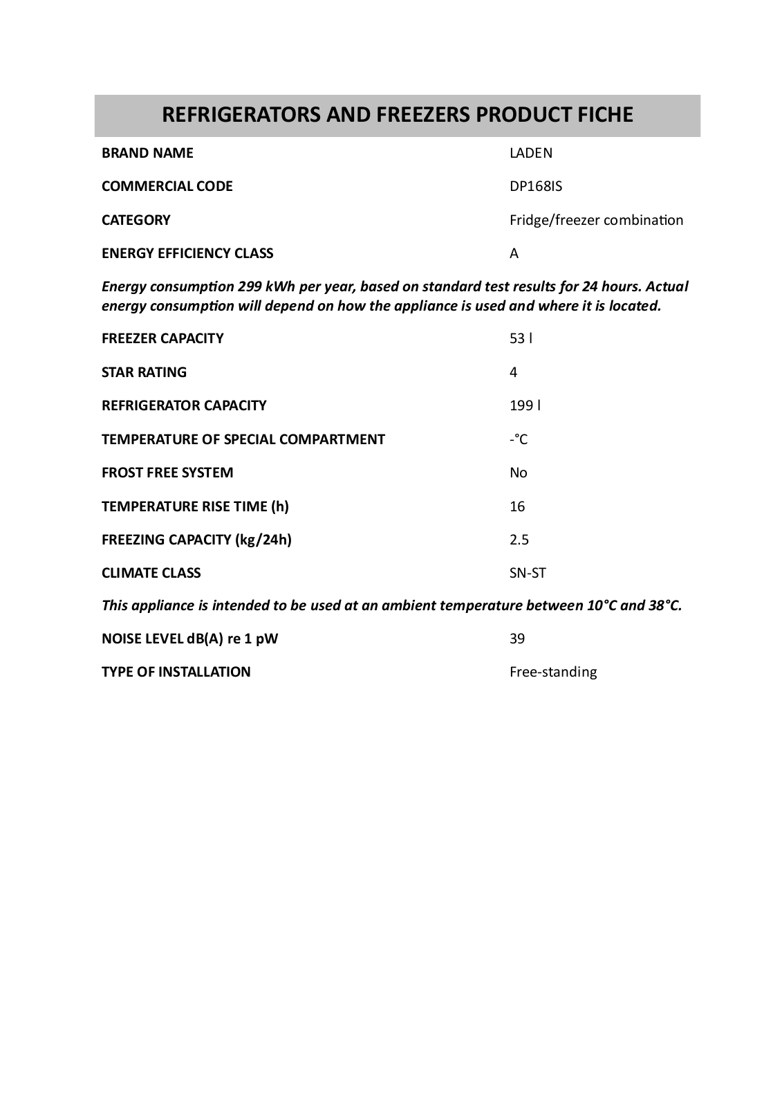 Whirlpool DP168IS Product Sheet