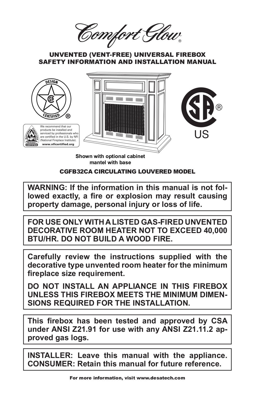 Desa Tech CGFB32CA Owner's Manual