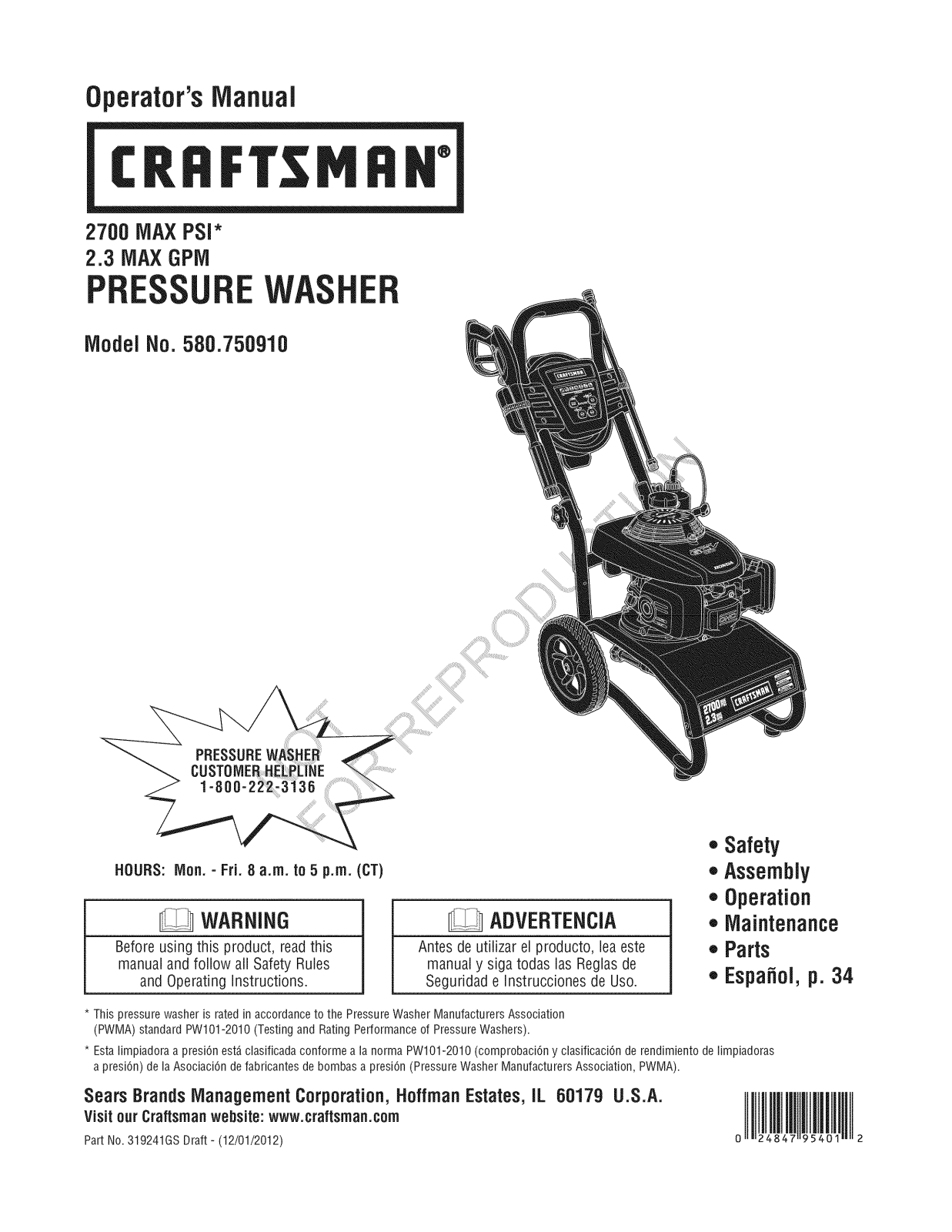 Craftsman 580750910 Owner’s Manual