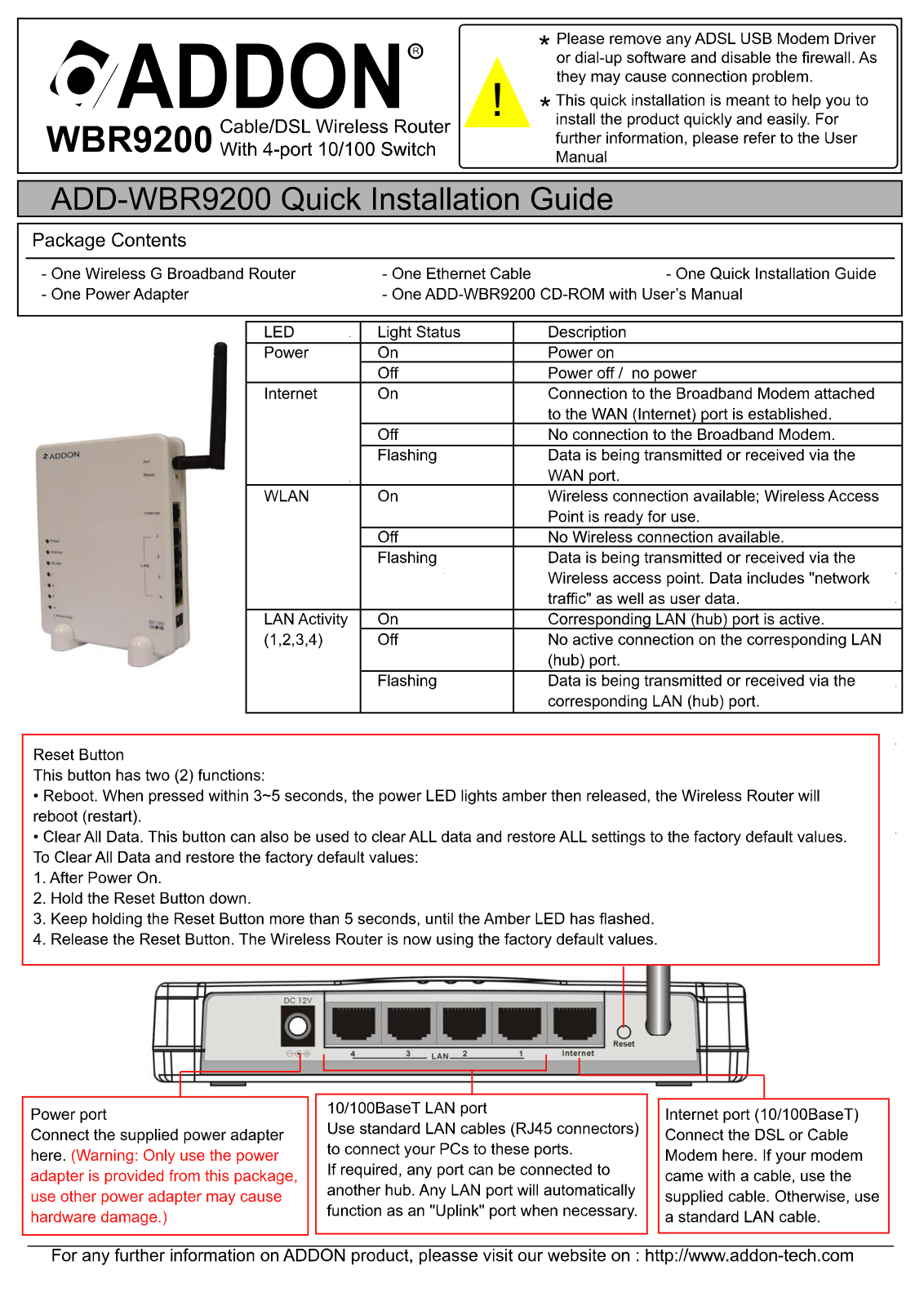 Addon WBR9200 Quick Install Guide