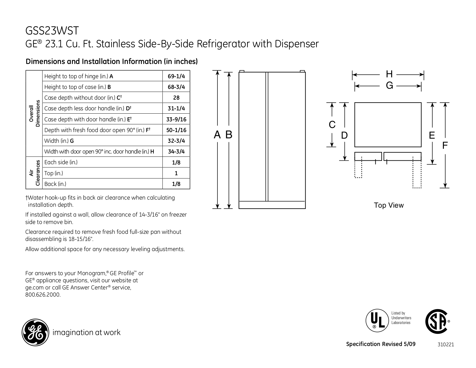 GE GSS23WST Specification