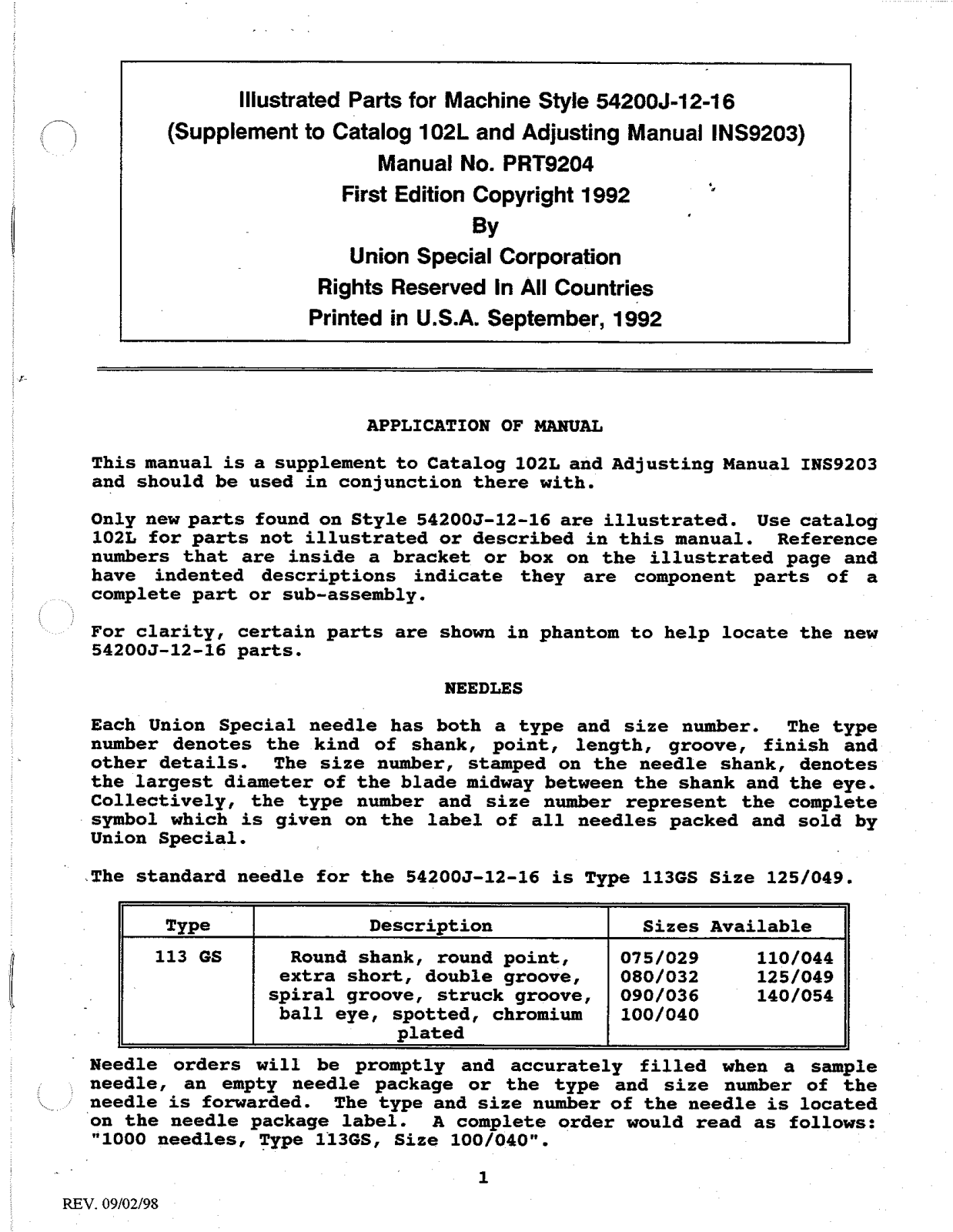 Union Special 54200J-12-16 Parts List