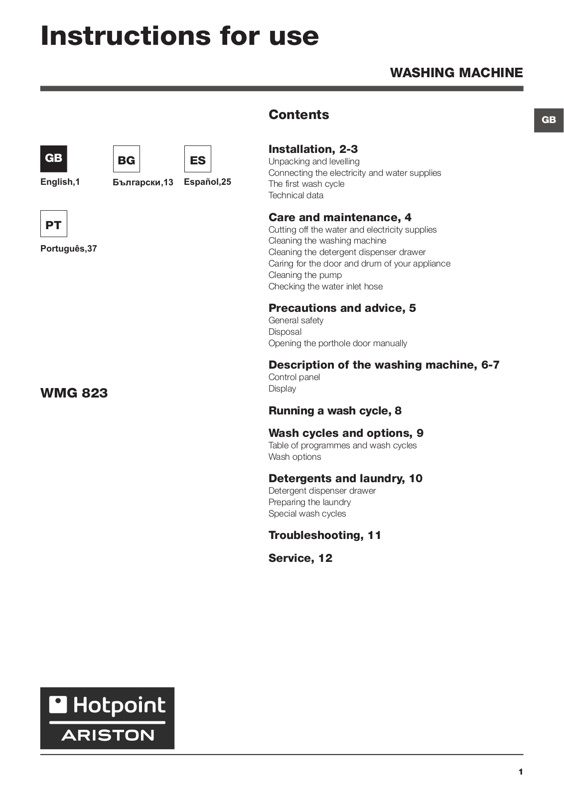 Hotpoint WMG 823B EU.M User Manual