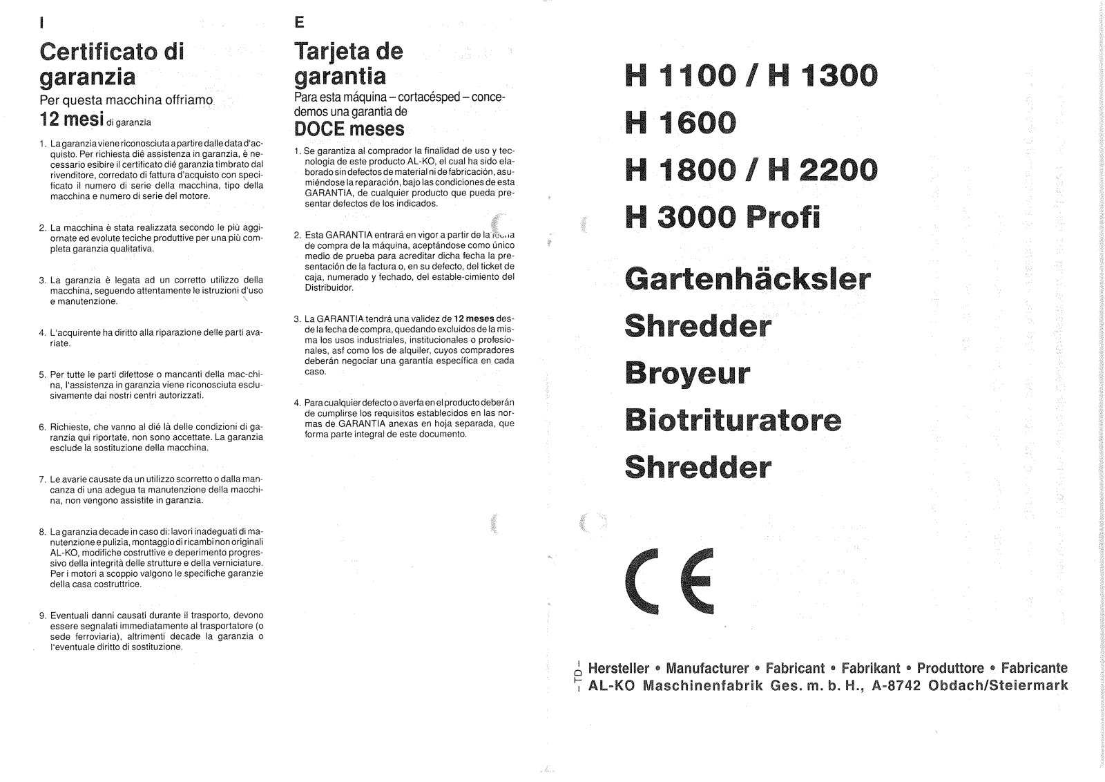 AL-KO H 1300, H 1100, H 1800, H 1600, H 2200 User Manual
