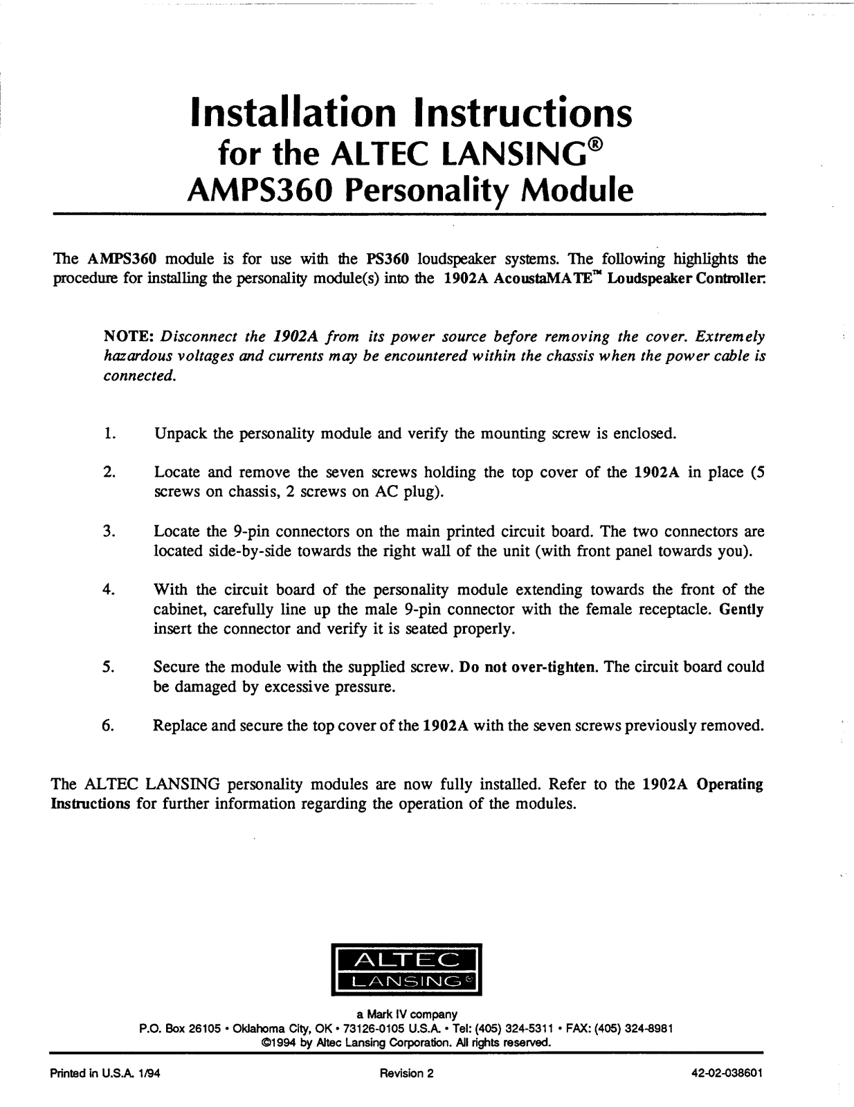 ALTEC AMPS360 Service Manual