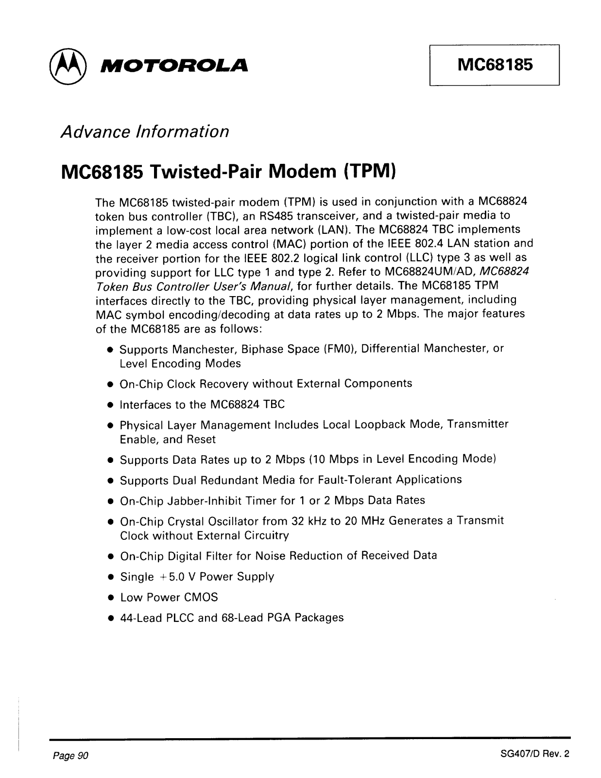 Motorola MC68185 Datasheet