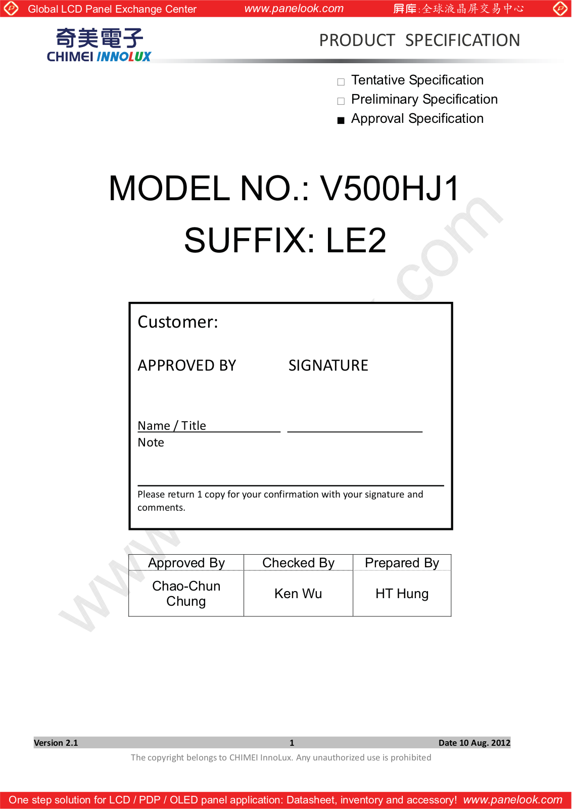 CHIMEI INNOLUX V500HJ1-LE2 Specification