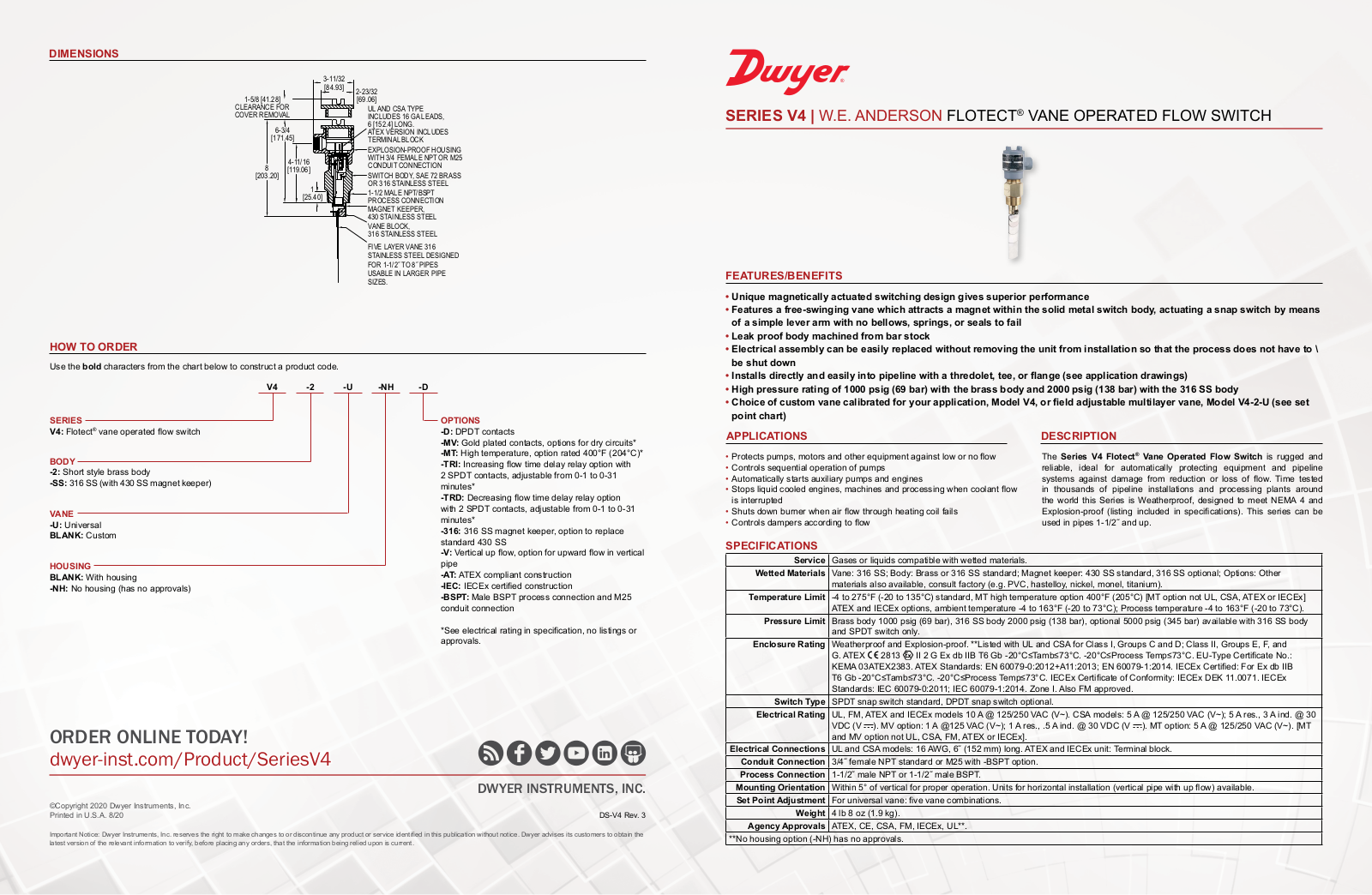 Dwyer Instruments SERIES V4 Data Sheet