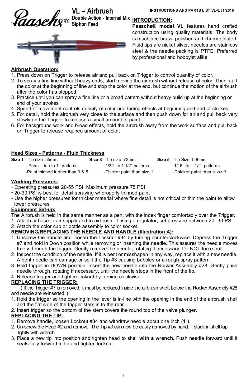 paasche VL, VLS Instructions And Parts List