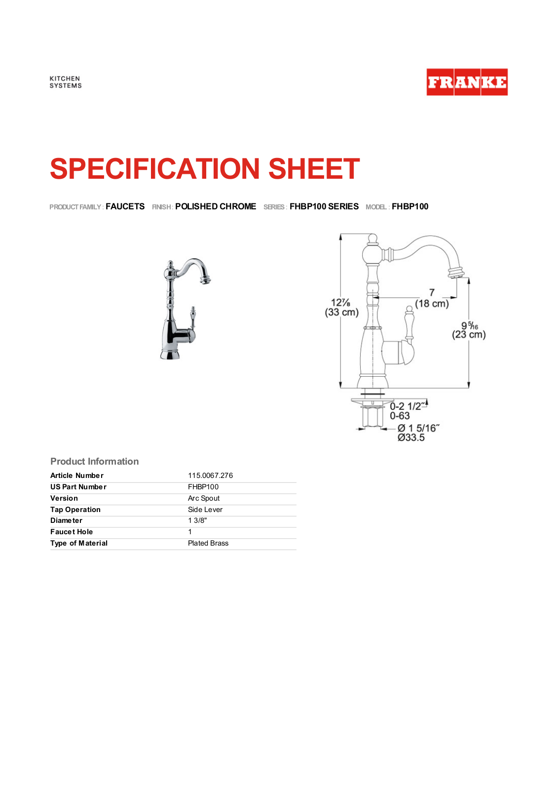 Franke Foodservice FHBP100 User Manual