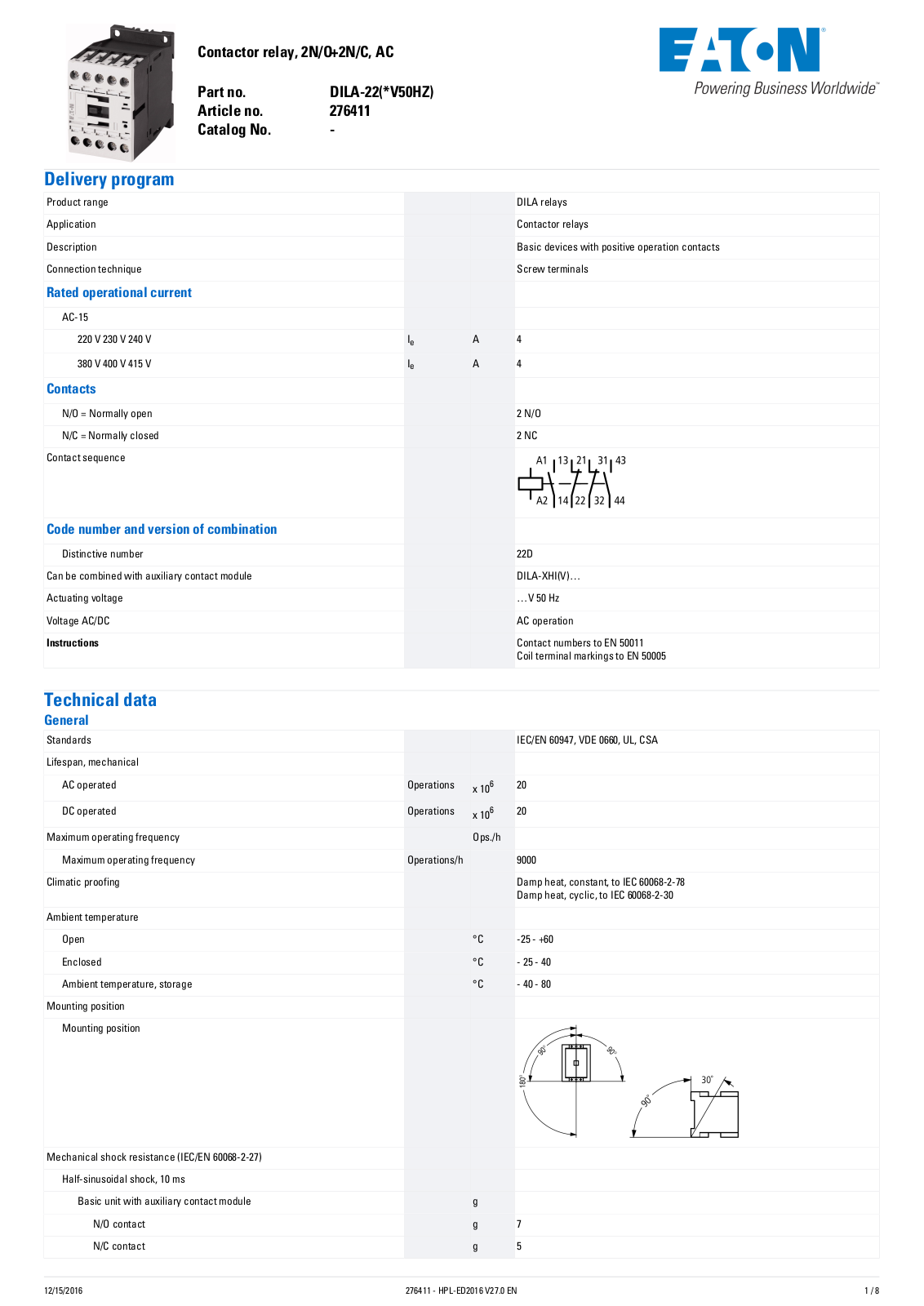 Klockner-Moeller, Div of Eaton Corp. DILA-22(*V50HZ) Data Sheet