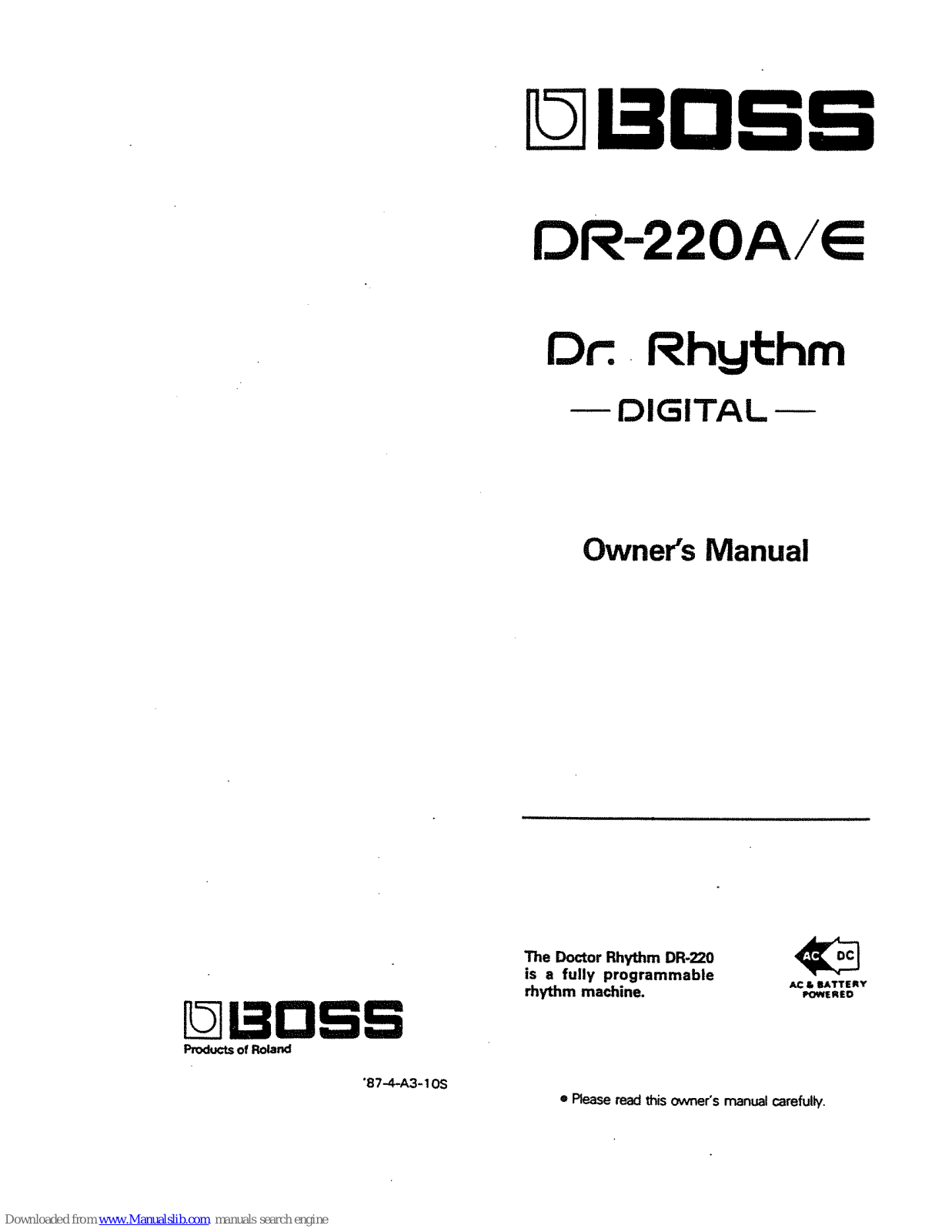 Boss Dr. Rhythm DR-220A, Dr. Rhythm DR-220E Owner's Manual