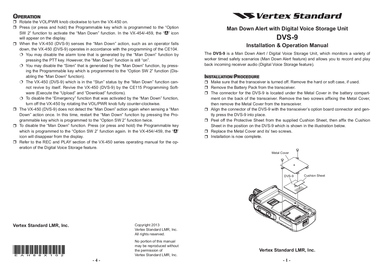 Vertex Standard DVS-9 Installation & Operation Manual