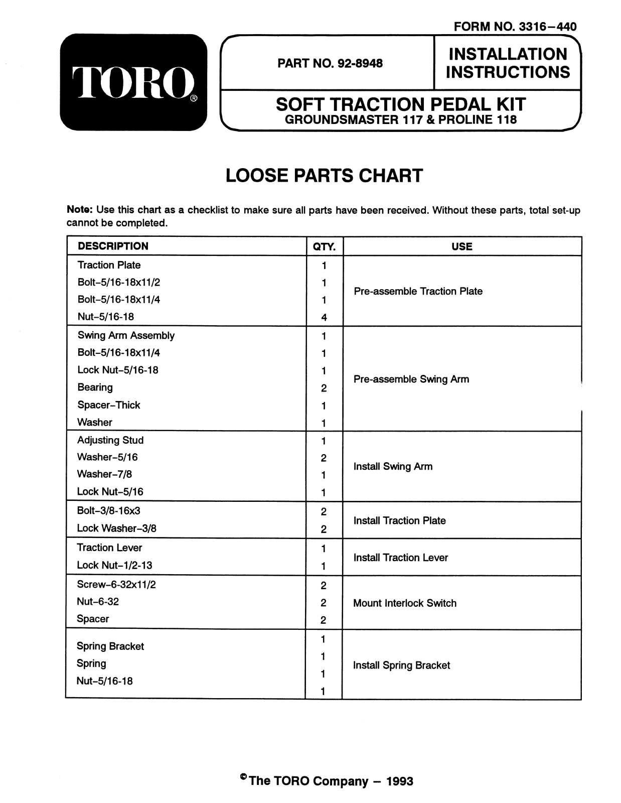 Toro 92-8948 Installation Instructions