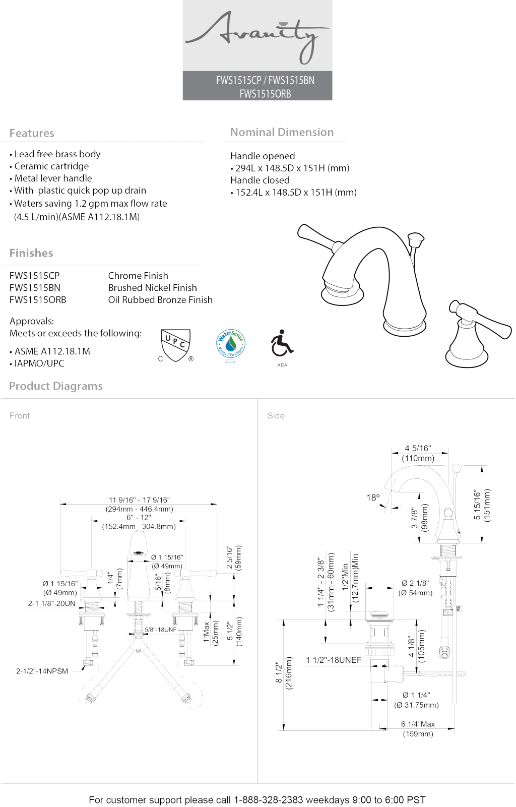 Avanity FWS1515ORB Specifications