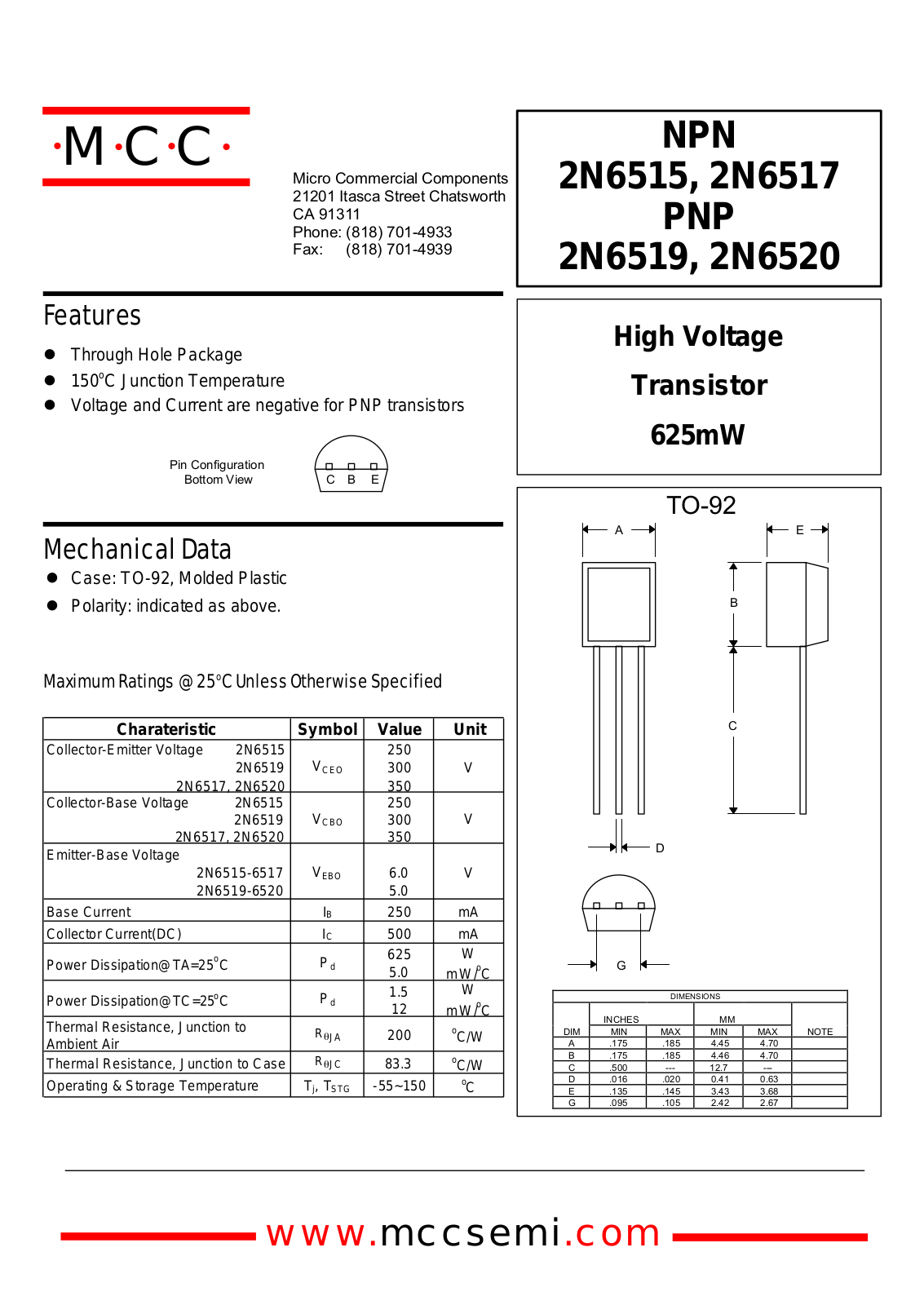 MCC 2N6520, 2N6519, 2N6517, 2N6515 Datasheet