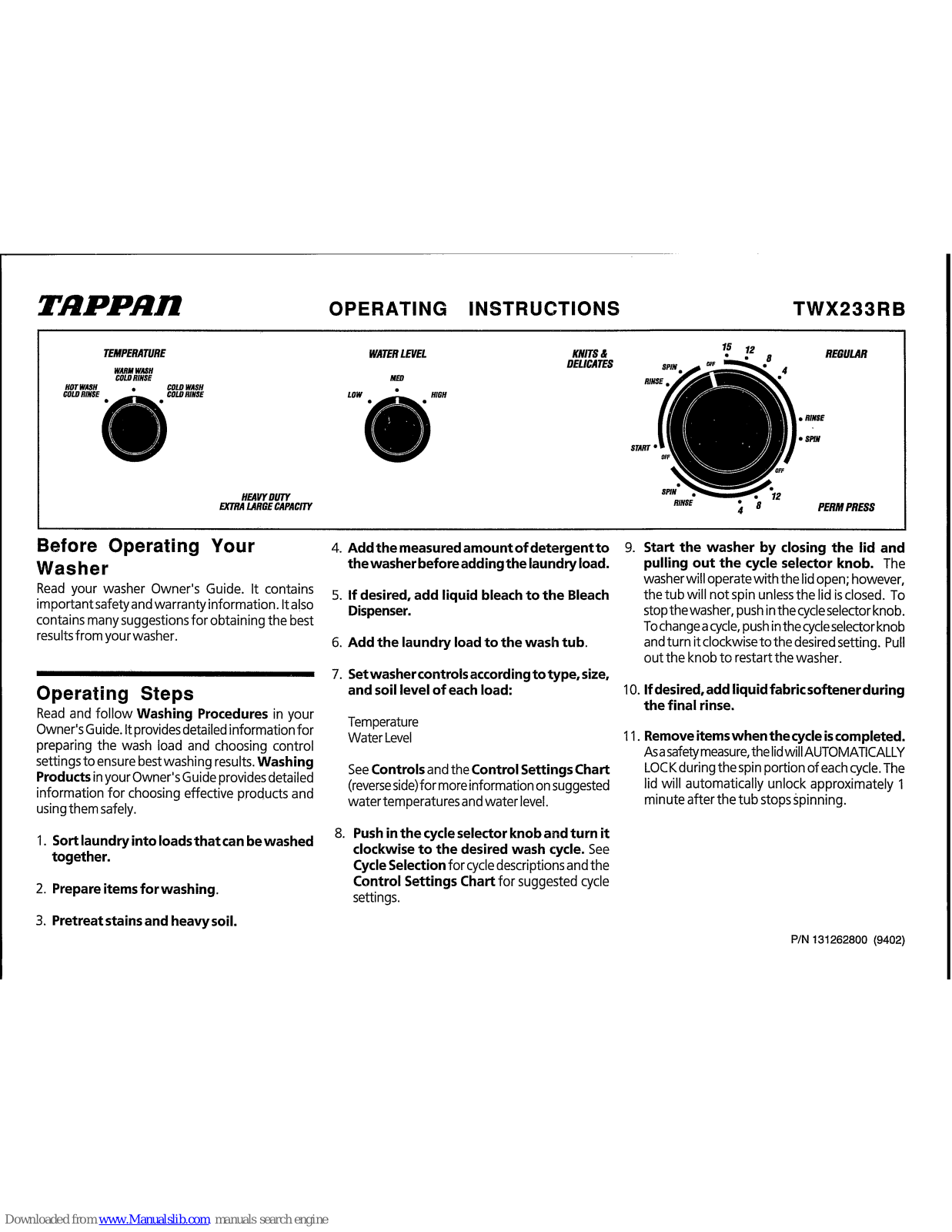 Tappan TWX233RB Operating Instructions Manual - ManualMachine.com