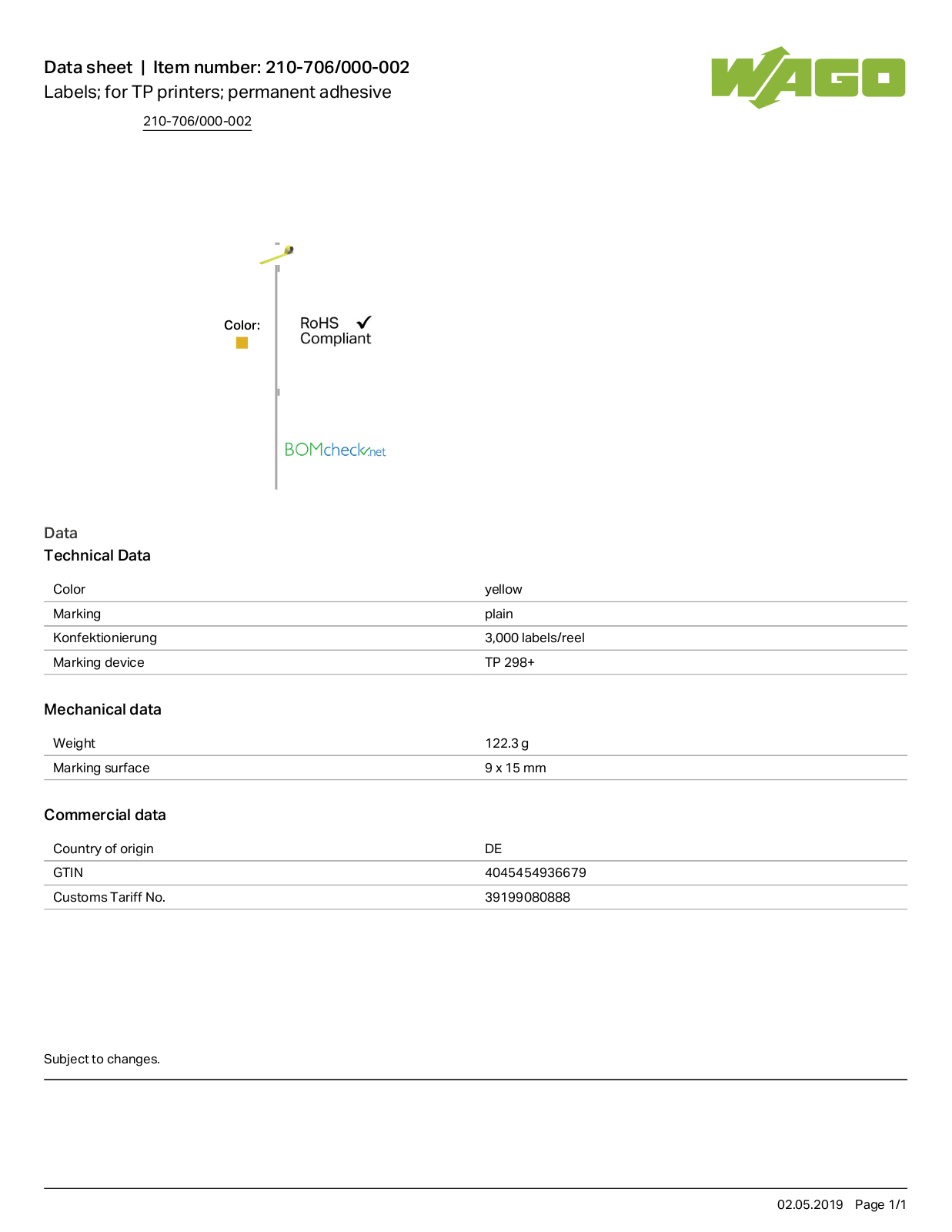 Wago 210-706/000-002 Data Sheet