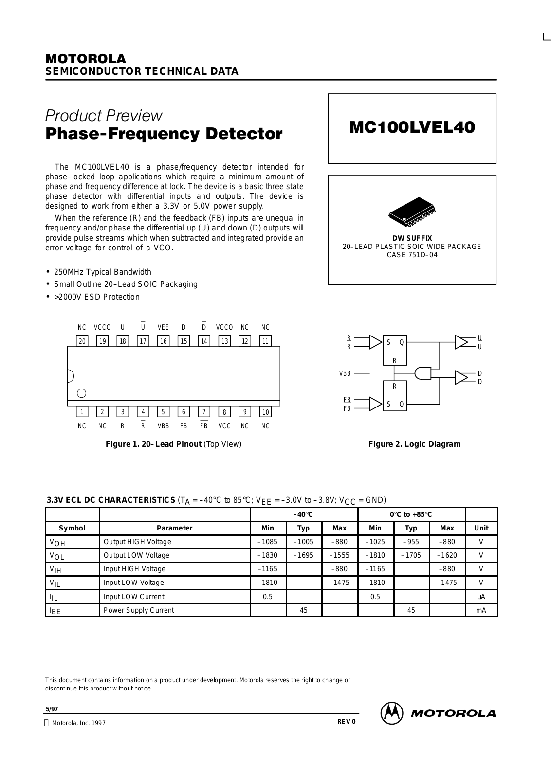 MOTOROLA MC100LVEL40DW, MC100LVEL40DWR2 Datasheet