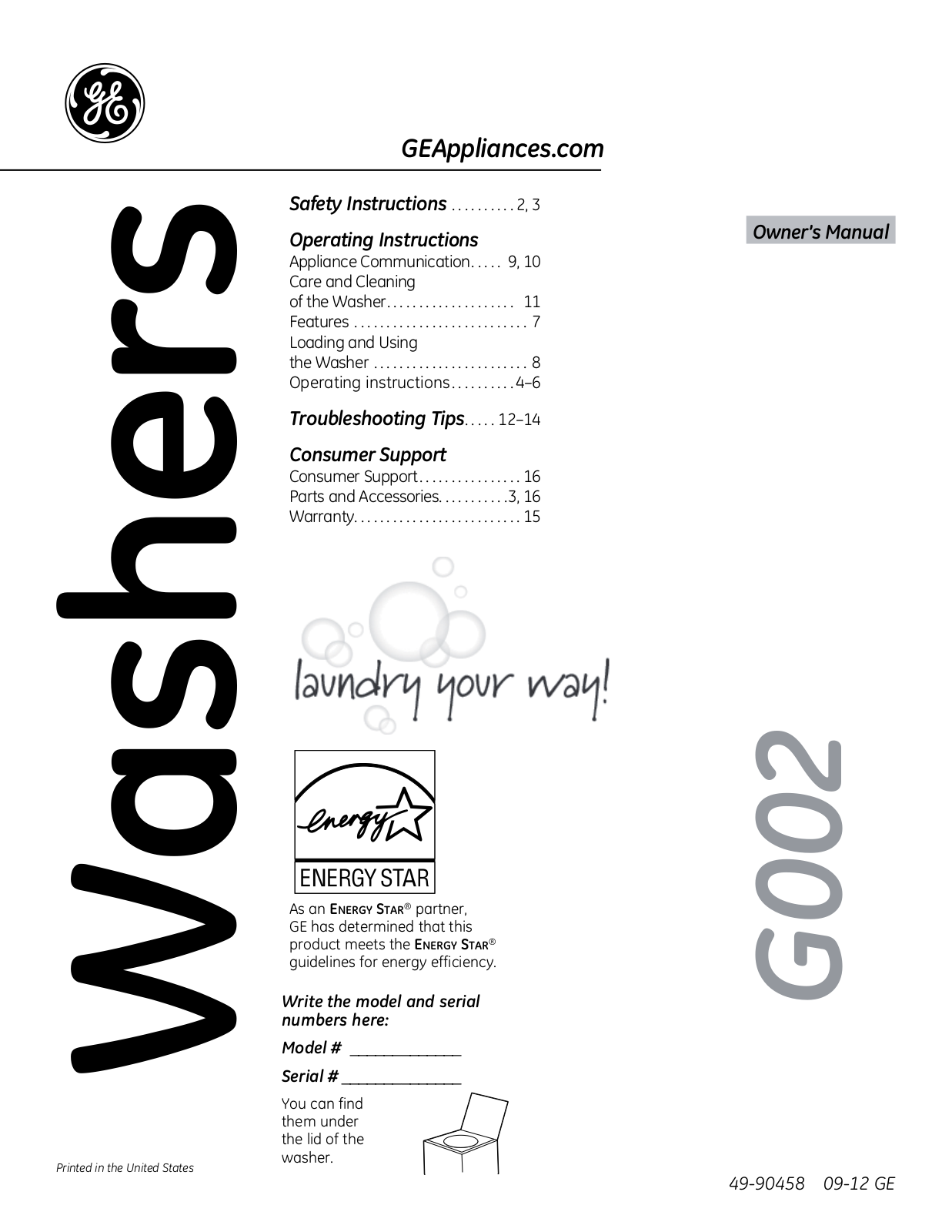 GE GTWN8250DWS Use and Care Manual