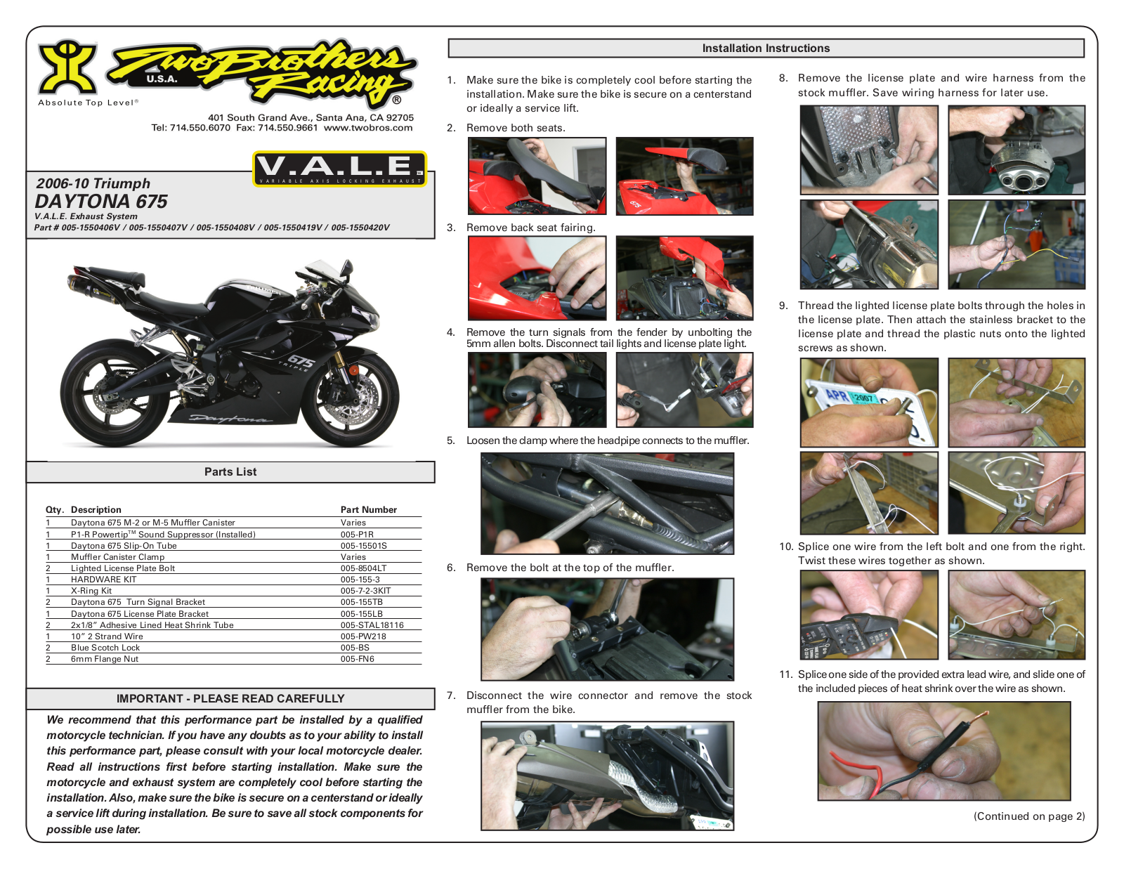 Two Brothers Racing Daytona 675 User Manual