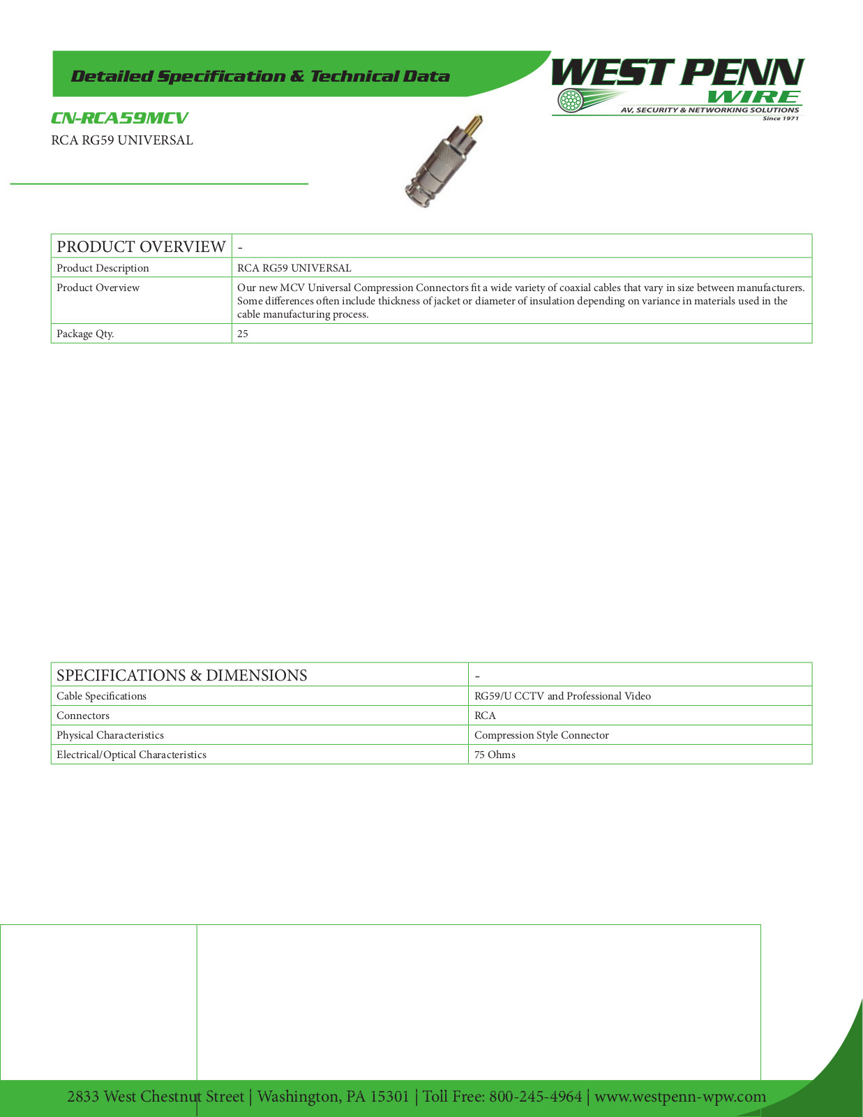 West Penn CN-RCA59MCV-25, CN-RCA59MCV-IND Specsheet