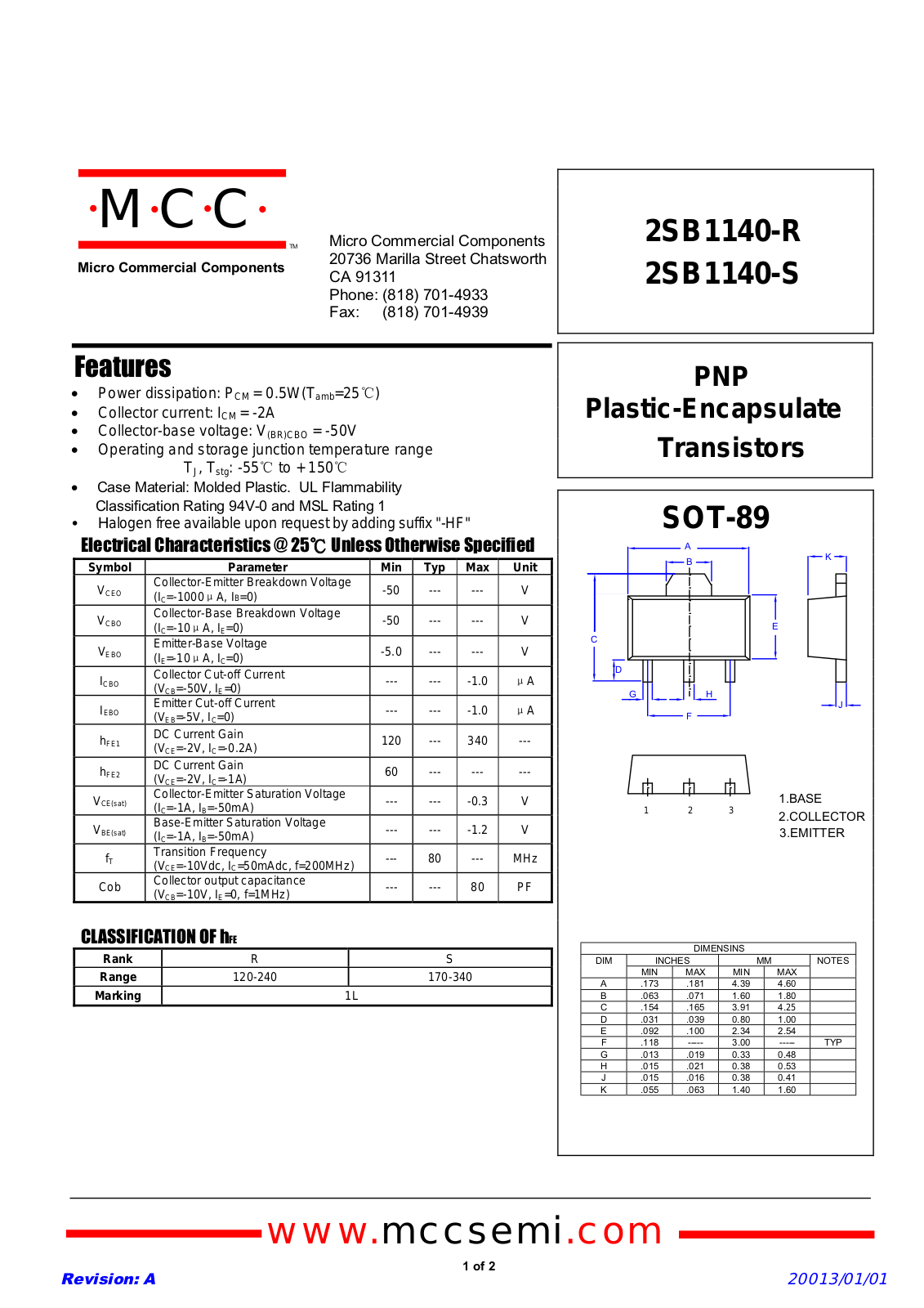 MCC 2SB1140-R, 2SB1140-S Schematic