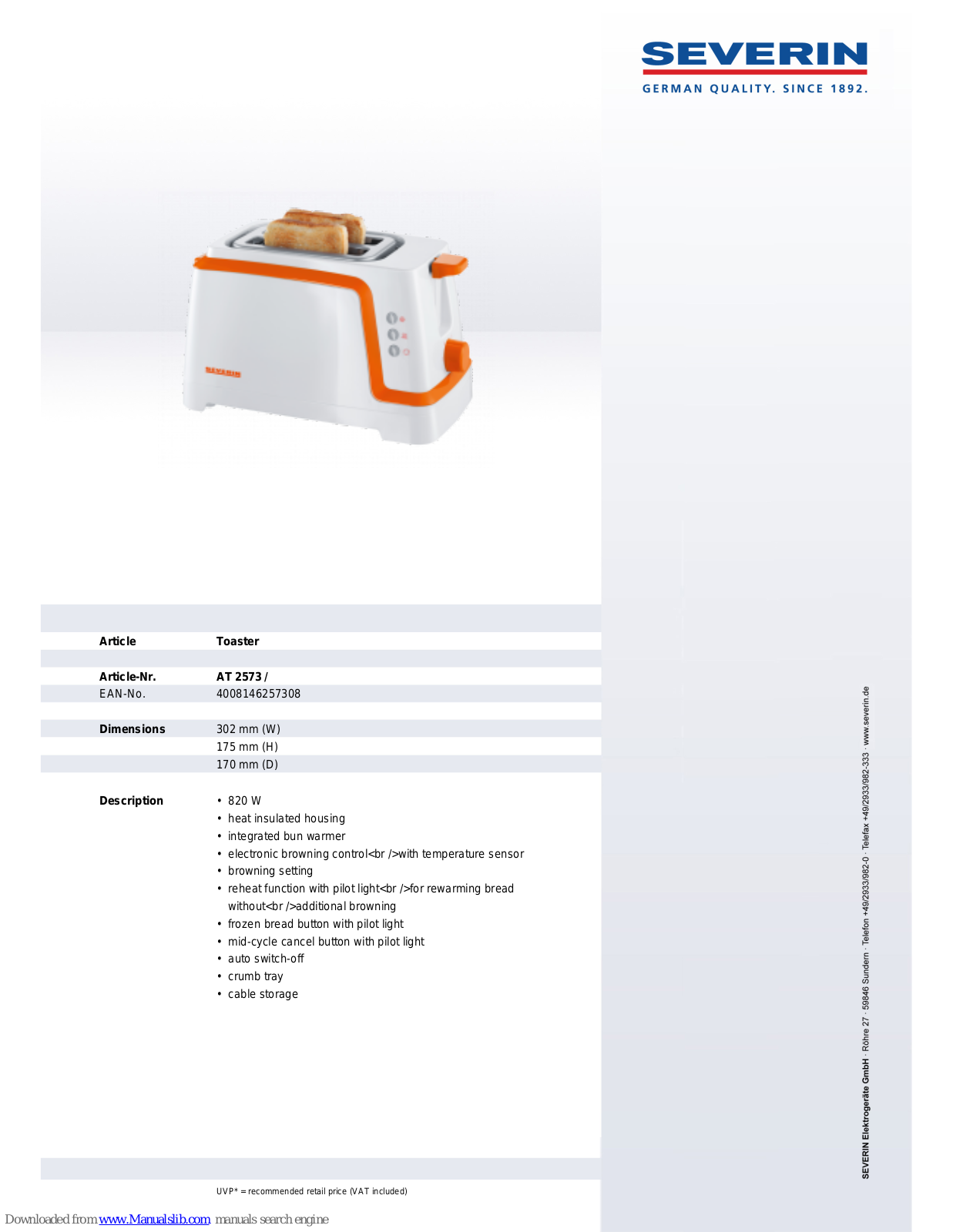 SEVERIN AUTOMATIK- AT 2573, AT 2573 Dimensions