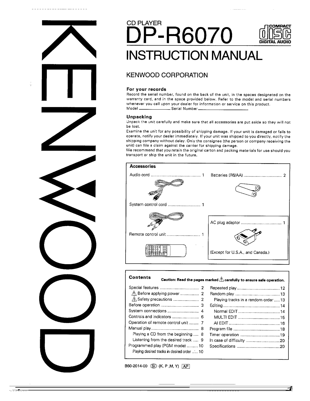 Kenwood DP-R6070 Owner's Manual