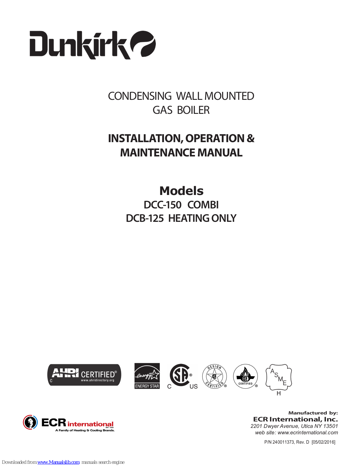 Dunkirk DCC-150, DCB-125 Installation, Operation & Maintenance Manual